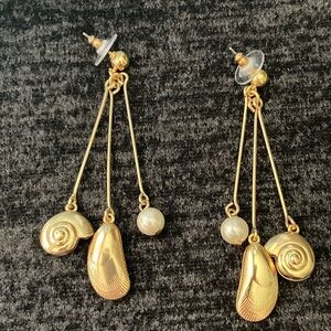 J. Crew Gold Dangle Earrings with Shells and Pearl Charms